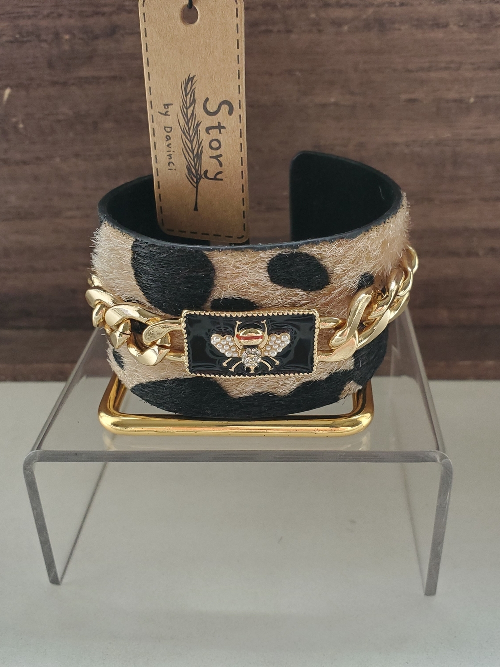 Black & Cream Faux Animal Print Cuff Bracelet with Gold Bee Accent - Picture 2 of 5